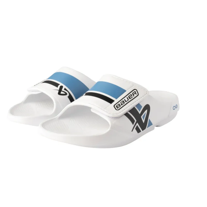 Bauer Oofos White/Blue Sport Flex Slides sold by Pro Hockey Life