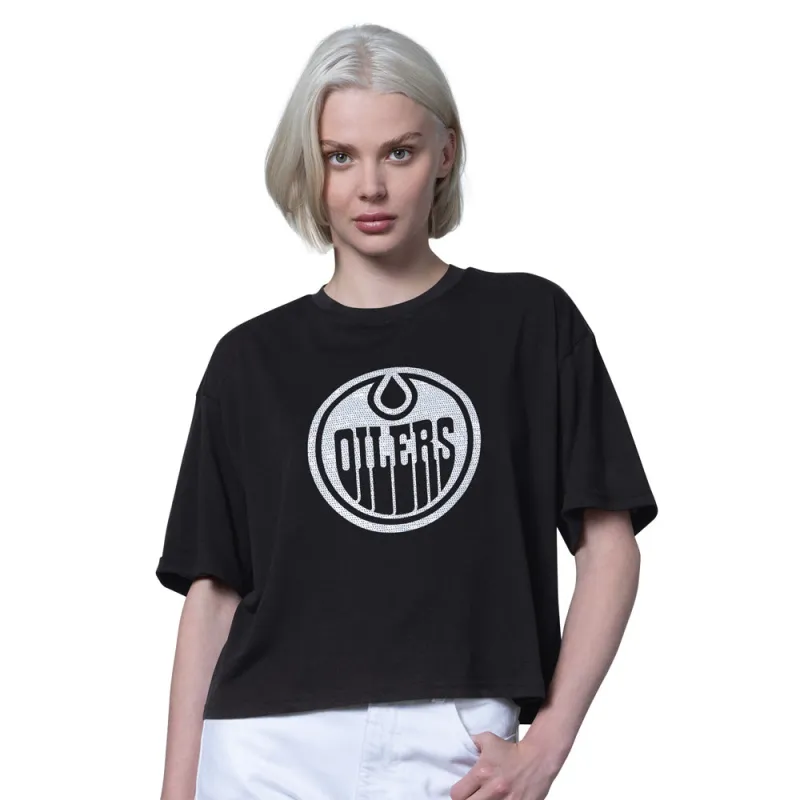 Starter Edmonton Oilers Women's Black Crop T Shirt made by Pro Hockey Life