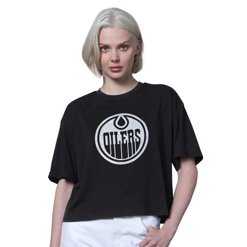 Starter Edmonton Oilers Women's Black Crop T Shirt sold by Pro Hockey Life