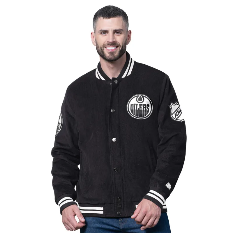 Starter Edmonton Oilers Blackout Men's Black Varsity Jacket sold by Pro Hockey Life