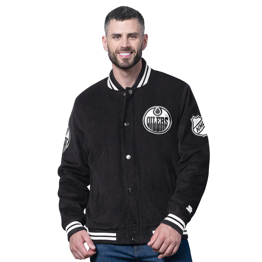 Starter Edmonton Oilers Blackout Men's Black Varsity Jacket sold by Pro Hockey Life