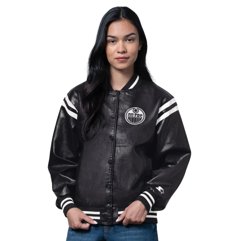 Starter Edmonton Oilers Women's Black Leather Jacket made by Starter