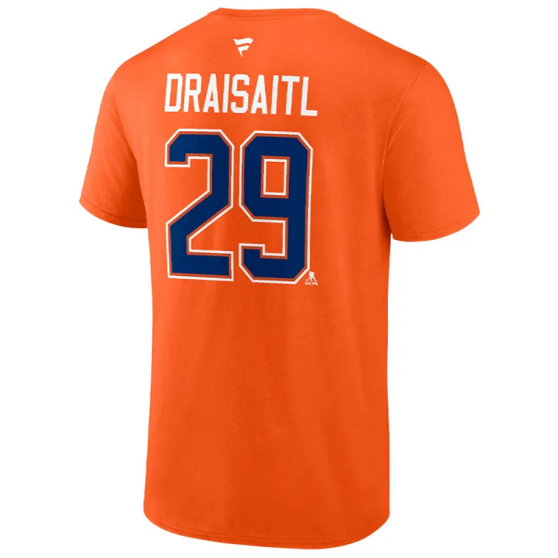 Fanatics Edmonton Oilers Leon Draisaitl Orange Name And Number T Shirt sold by Pro Hockey Life