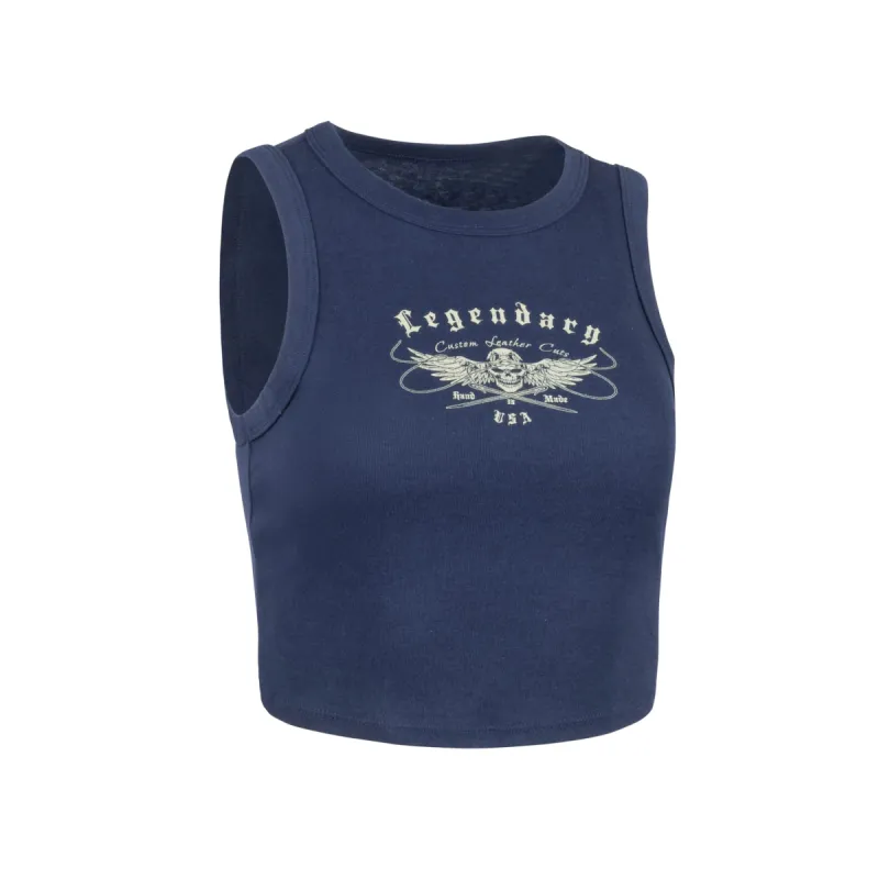 Women's Legendary Baby Ribbed Cropped Tank Top - Navy Blue - Custom Cuts logo sold by Legendary USA