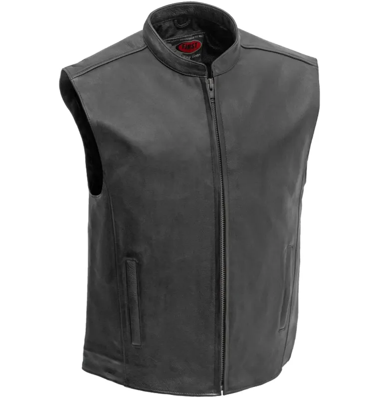 First Mfg Men's Club House Zip Front Leather Motorcycle Vest sold by Legendary USA