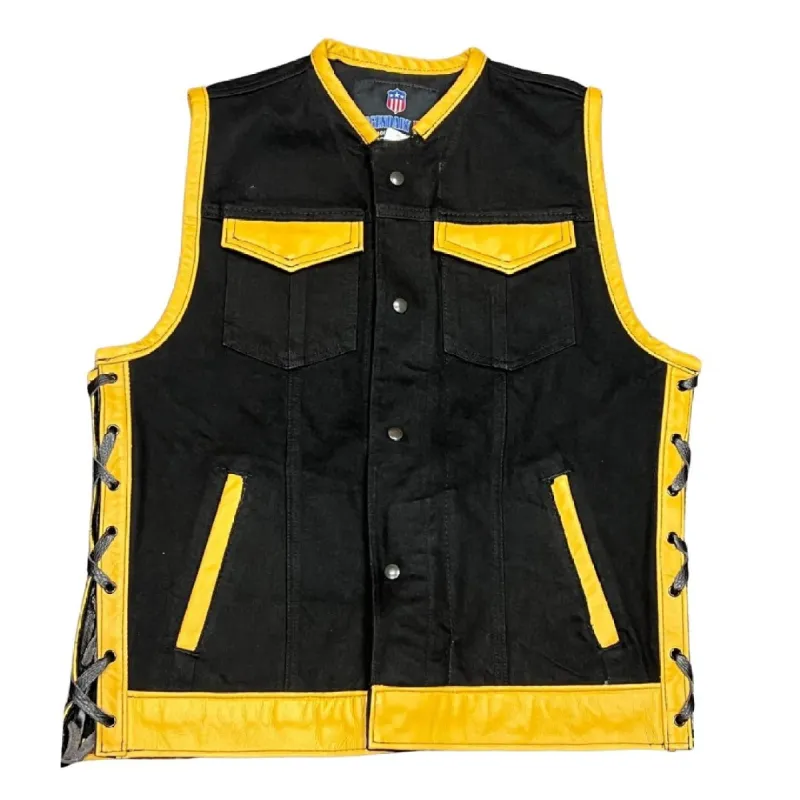 Denim & Gold Leather Sample Size Medium Motorcycle Vest sold by Legendary USA