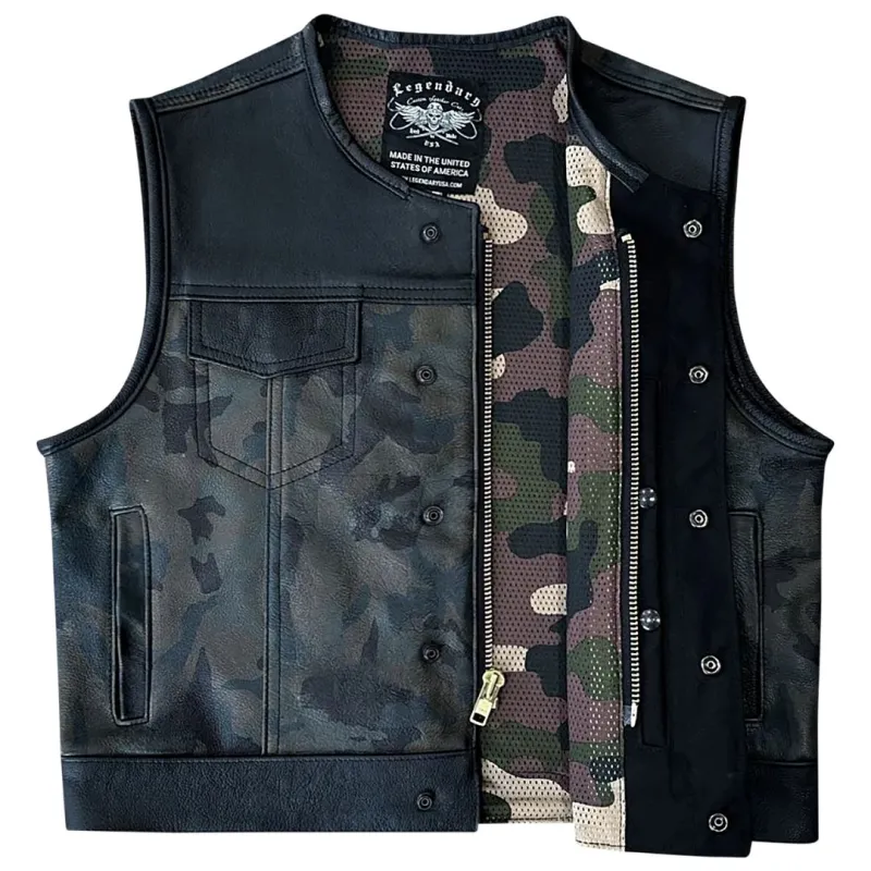 Legendary LowLife Camo Leather Cropped Fitted Club Style Motorcycle Vest sold by Legendary USA