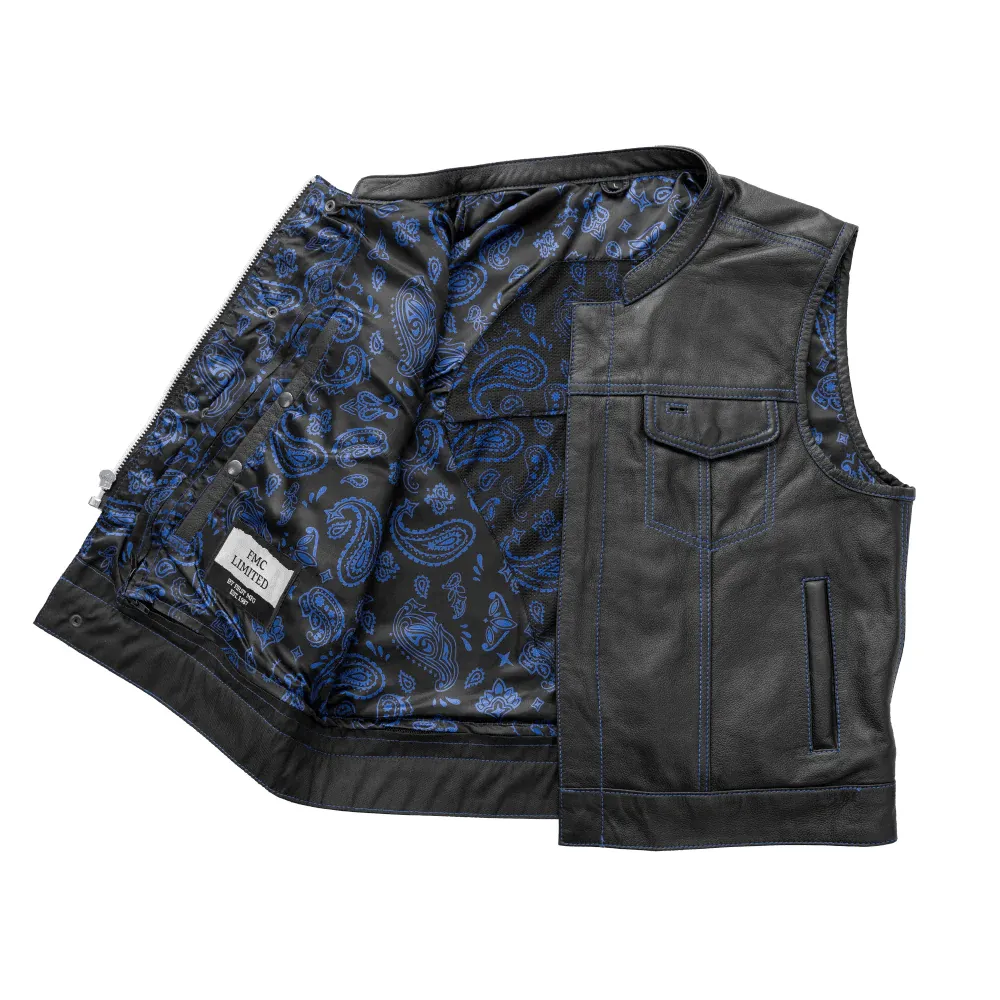 The Club Cut Men's Motorcycle Leather Vest Black/Blue SIZE 3XLARGE - Final Sale (Ships Same Day) sold by Legendary USA product image thumbnail 2