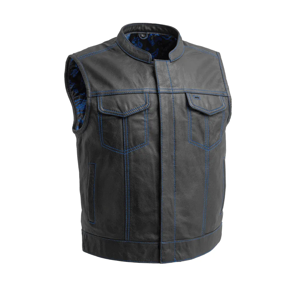 The Club Cut Men's Motorcycle Leather Vest Black/Blue SIZE 3XLARGE - Final Sale (Ships Same Day) sold by Legendary USA