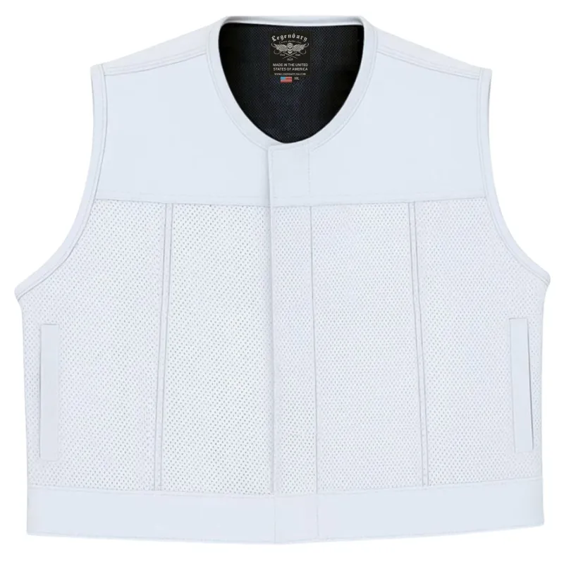 Legendary LowLife Square Grouper NCP White Perforated Leather Cropped Fitted Club Style Motorcycle Vest sold by Legendary USA