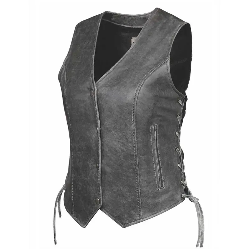 Bessie - Womens Gray Leather Motorcycle Vest sold by Legendary USA