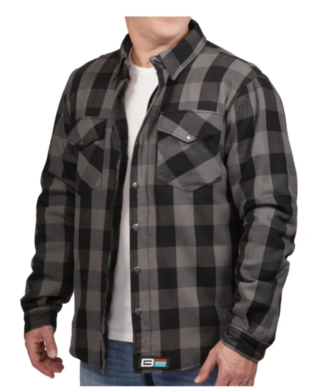 Bohn Kevlar Men's Flannel Riding Shirt – Grey + Black Plaid made by Legendary USA