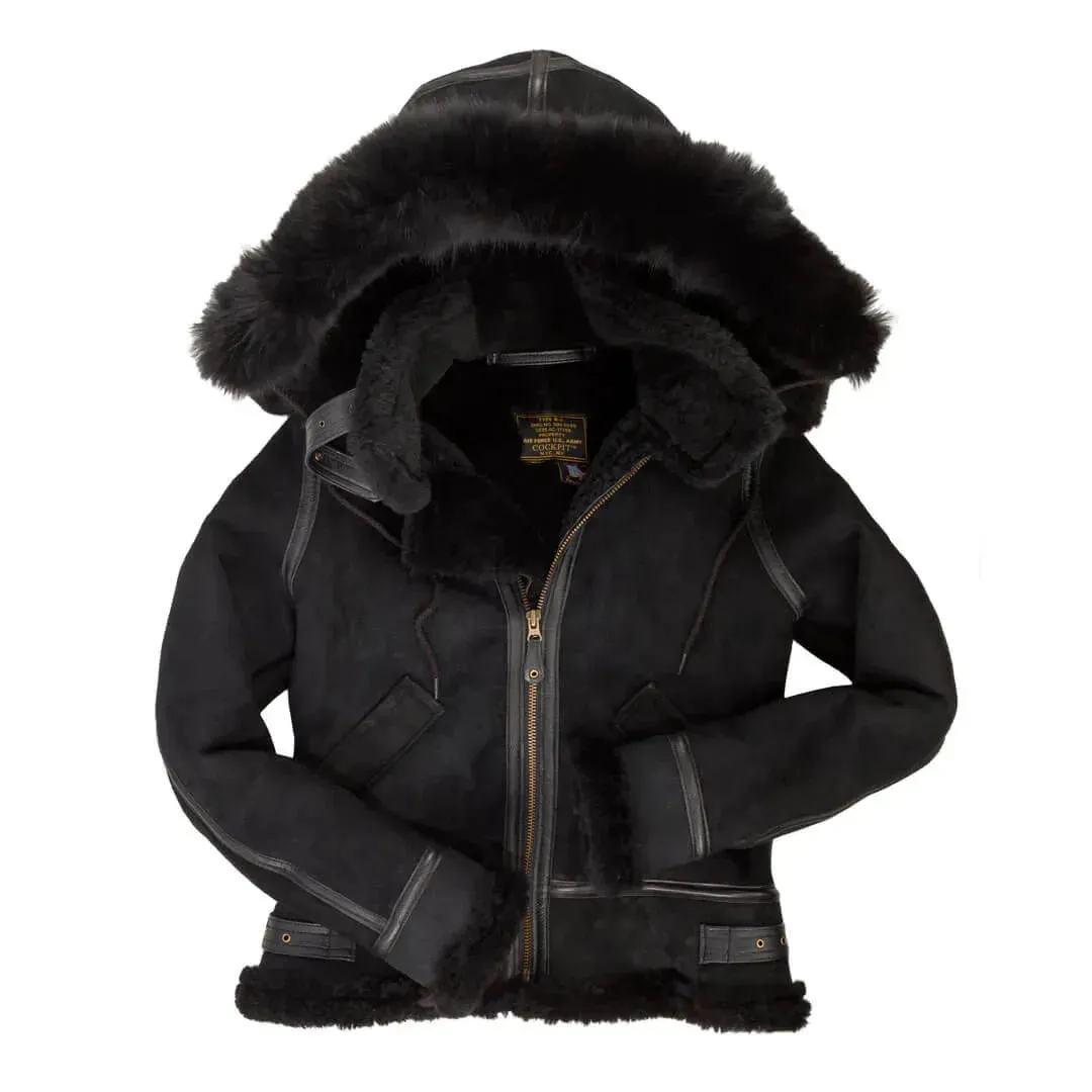Cockpit USA Women's Hooded B-3 Sheepskin Bomber Jacket (Black,Tan or Brown) sold by Legendary USA