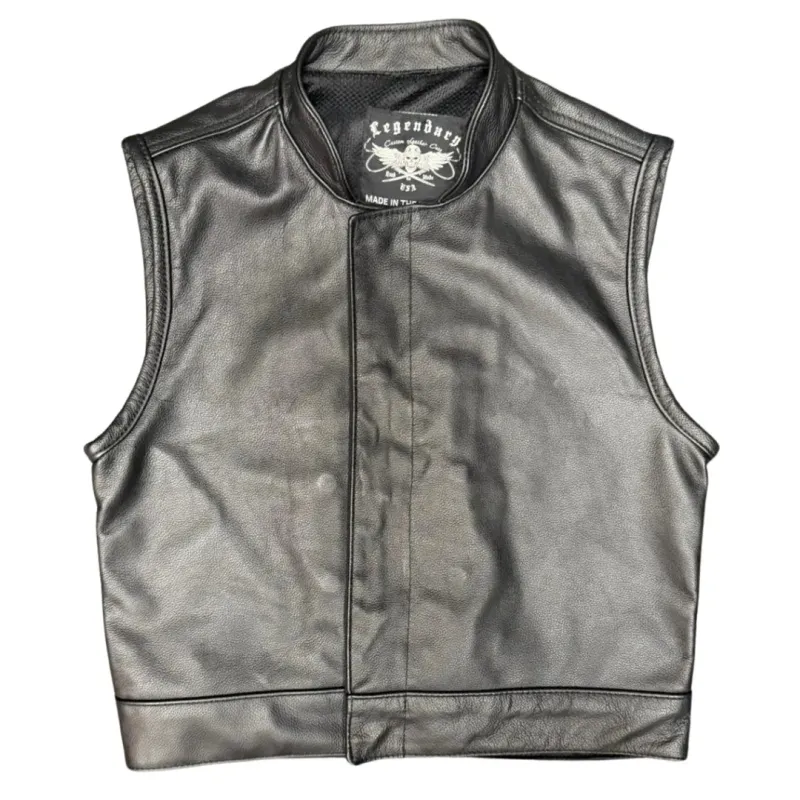 Size: Small Sample 3" Cropped Leather Motorcycle Vest LowLife with bishop collar sold by Legendary USA