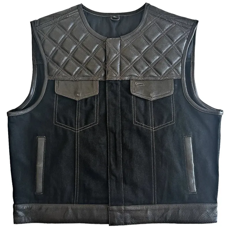 Sizes: M, L, XL, 2XL, 3XL 'Cowboy' Black Twill Denim & Dark Chocolate Diamond Stitch Cropped Motorcycle Vest made by Legendary USA