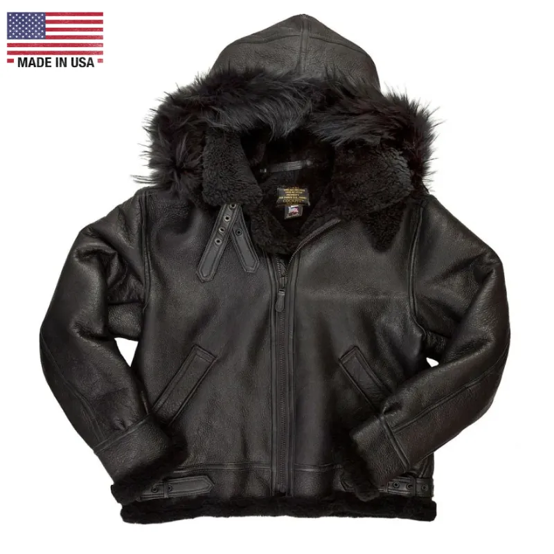 Cockpit USA Men's Black B-3 Hooded Sheepskin Bomber Jacket sold by Legendary USA