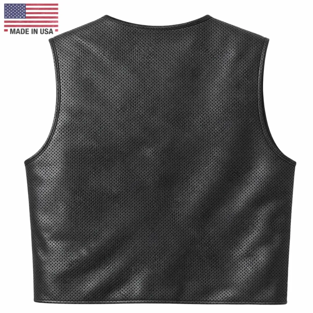 Legendary Beatdown™ Perforated Leather Cropped Motorcycle Vest – V Neck Collar sold by Legendary USA product image thumbnail 2