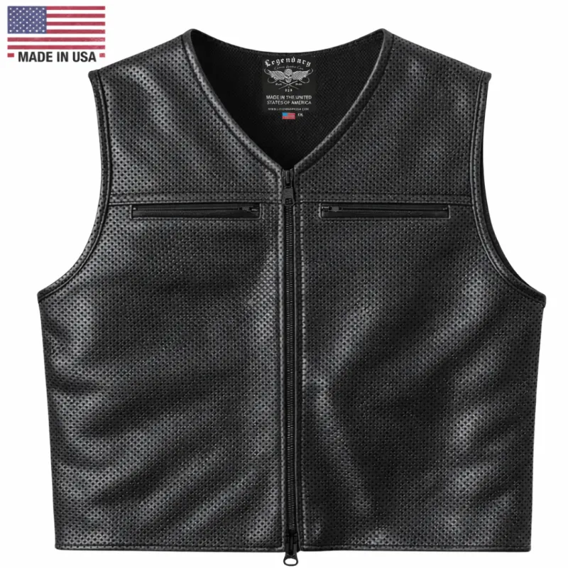 Legendary Beatdown™ Perforated Leather Cropped Motorcycle Vest – V Neck Collar made by Legendary USA