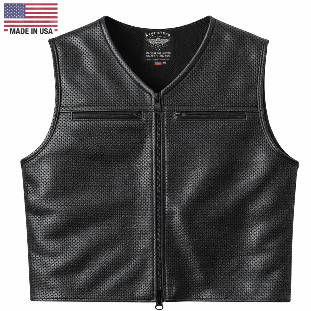 Legendary Beatdown™ Perforated Leather Cropped Motorcycle Vest – V Neck Collar sold by Legendary USA