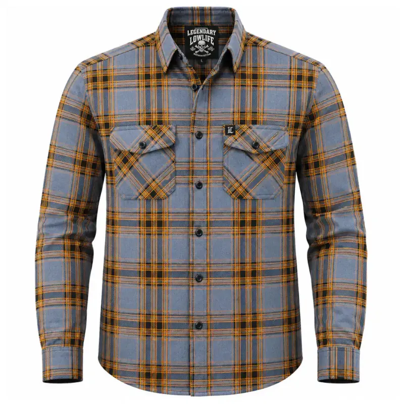 Legendary No Life™ Plaid Flannel Riding Shirt - Grey/Blue/Orange - Men's Limited Edition made by Legendary USA