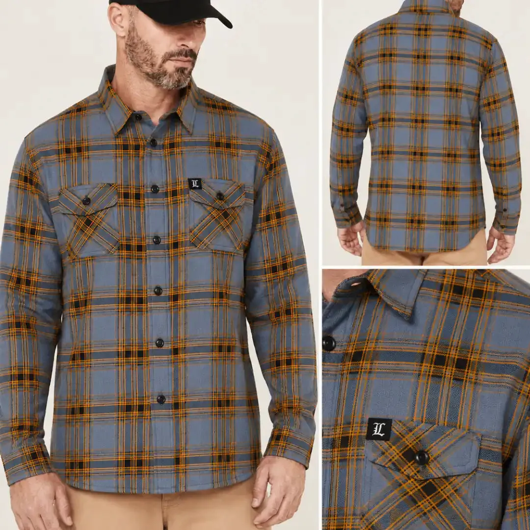 Legendary No Life™ Plaid Flannel Riding Shirt - Grey/Blue/Orange - Men's Limited Edition sold by Legendary USA product image thumbnail 3
