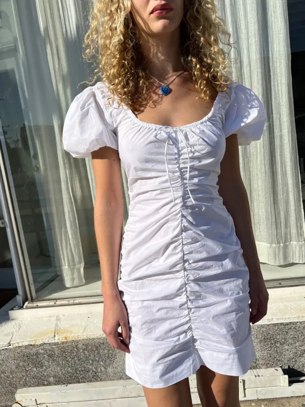 Cotton Poplin Gathered Mini Dress - Bright White sold by Lisa Says Gah