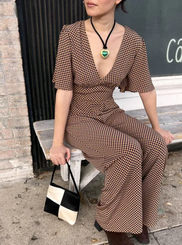 Cassandra Jumpsuit - Navy/Gold Check sold by Lisa Says Gah