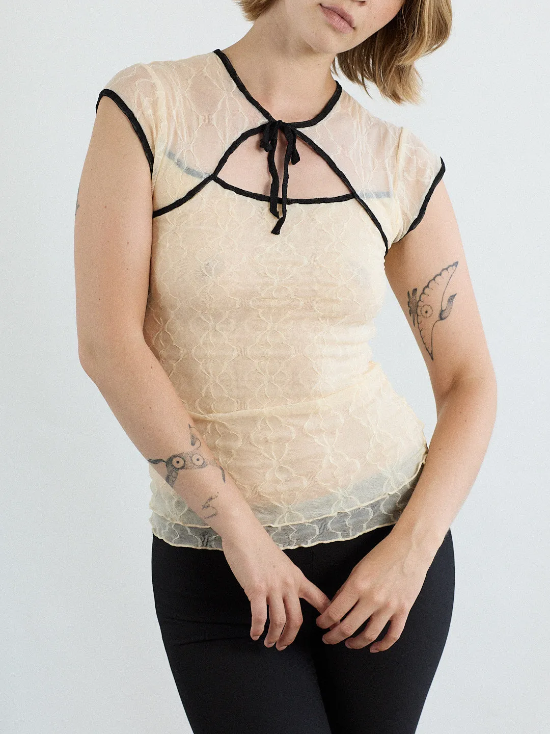 Mariposa Lace Bow Tee - Piped Cloud sold by Lisa Says Gah