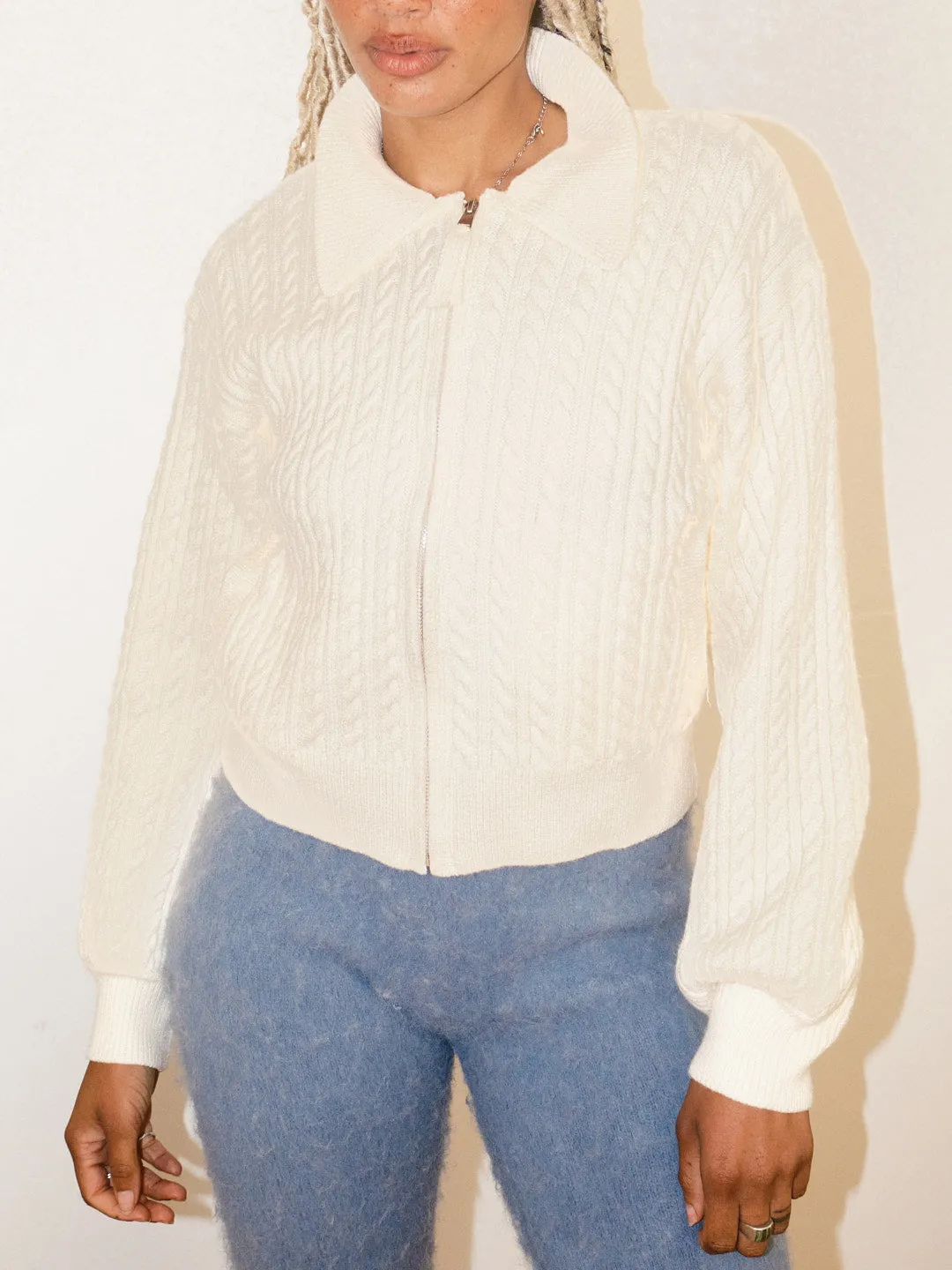 Cable Knit Zip Up - Ivory sold by Lisa Says Gah