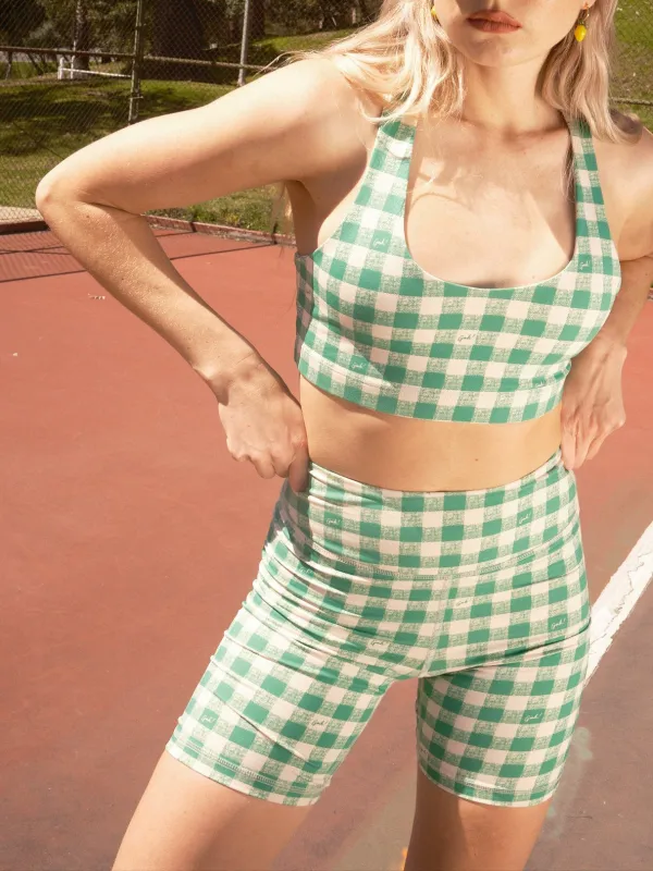 Organic Stretch Sports Bra - Basil Gingham sold by Lisa Says Gah