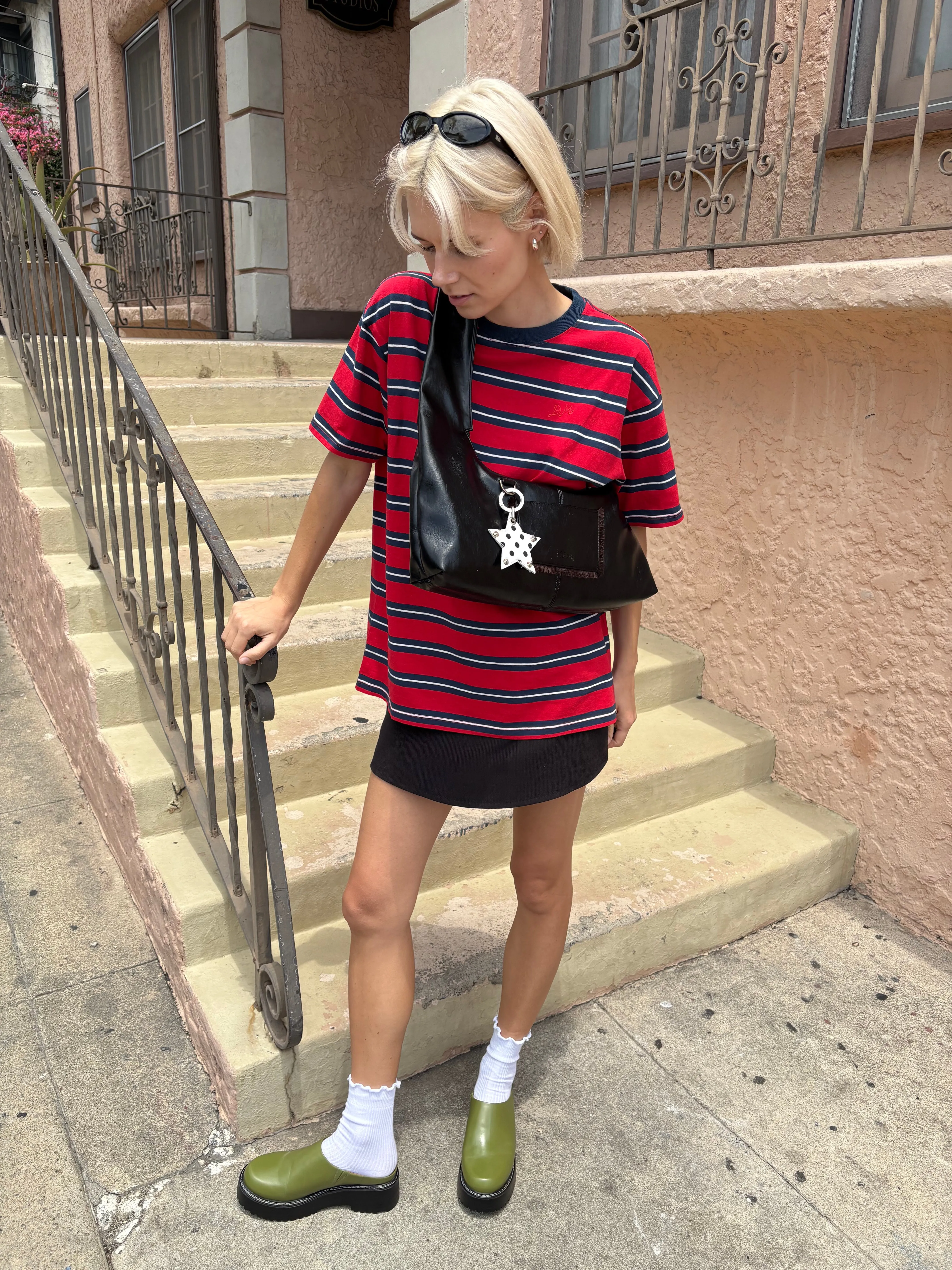 Ariel Shrunken Pointelle Tee - Red/Navy Stripe sold by Lisa Says Gah