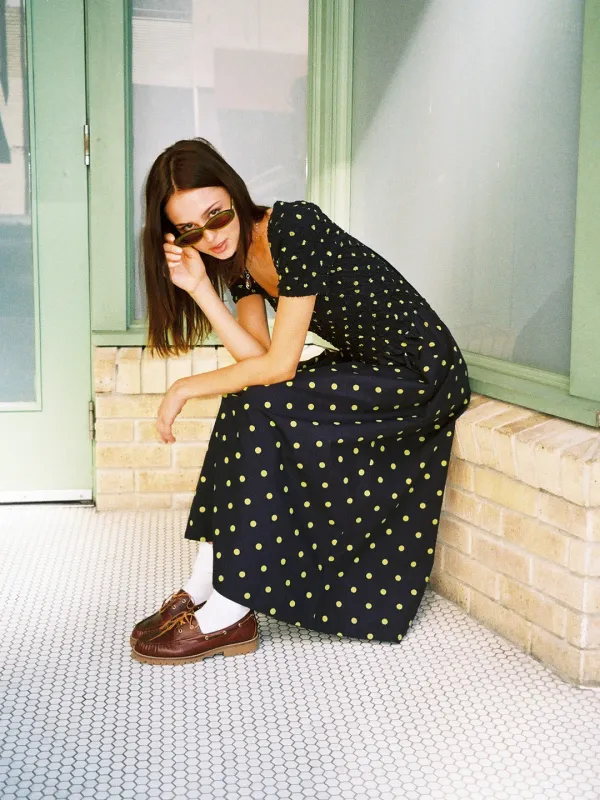 Malinda Super Smocked Dress - Navy Olive Spot sold by Lisa Says Gah