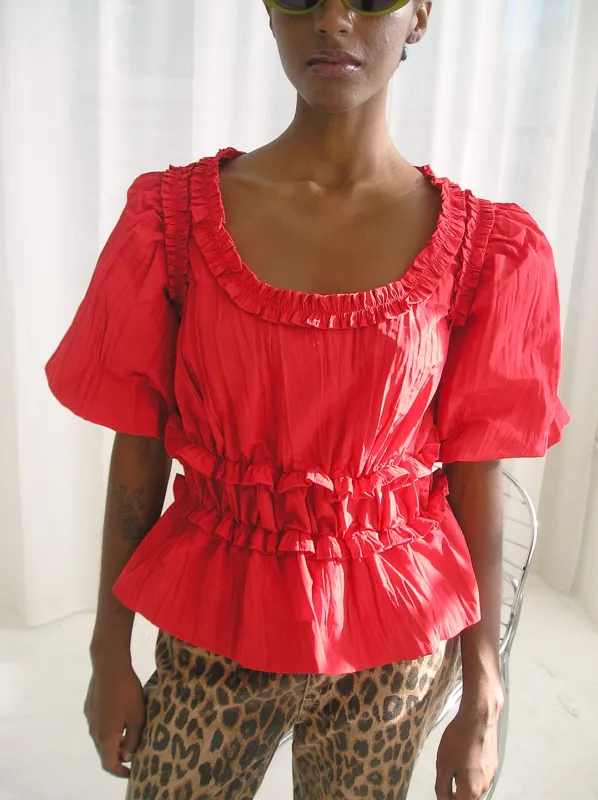Everly Ruffle Blouse - Red Tafetta made by Damson Madder