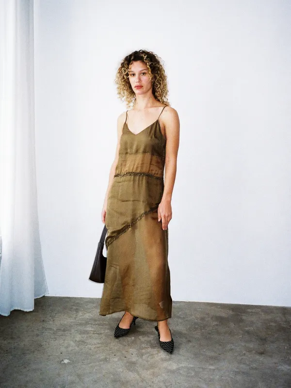 Sasha Ruffle Slip Dress - Sheer Olive made by Damson Madder