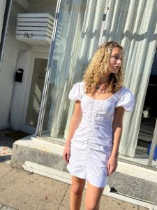 Cotton Poplin Gathered Mini Dress - Bright White sold by Lisa Says Gah