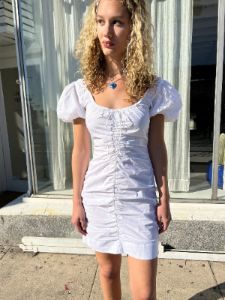 Cotton Poplin Gathered Mini Dress - Bright White sold by Lisa Says Gah