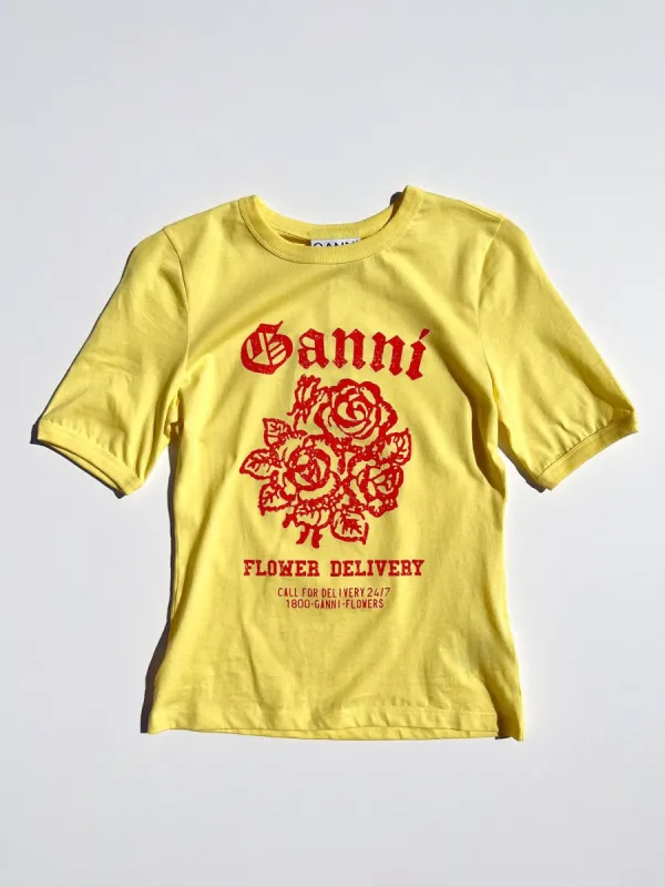 Light Cotton Jersey Flower Fitted T-Shirt - Yellow Cream sold by Lisa Says Gah