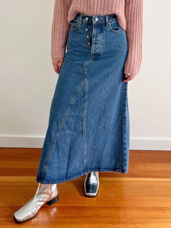 Overdyed Cutline Denim Double Fly Maxi Skirt - Mid Blue Stone sold by Lisa Says Gah