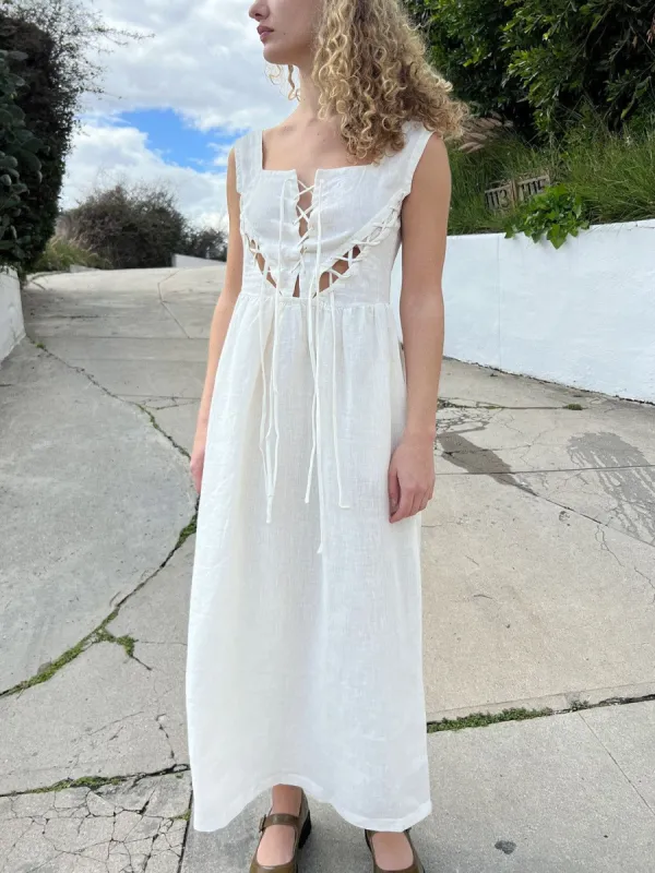 Gyneth Linen Midi Dress - Ivory sold by Lisa Says Gah