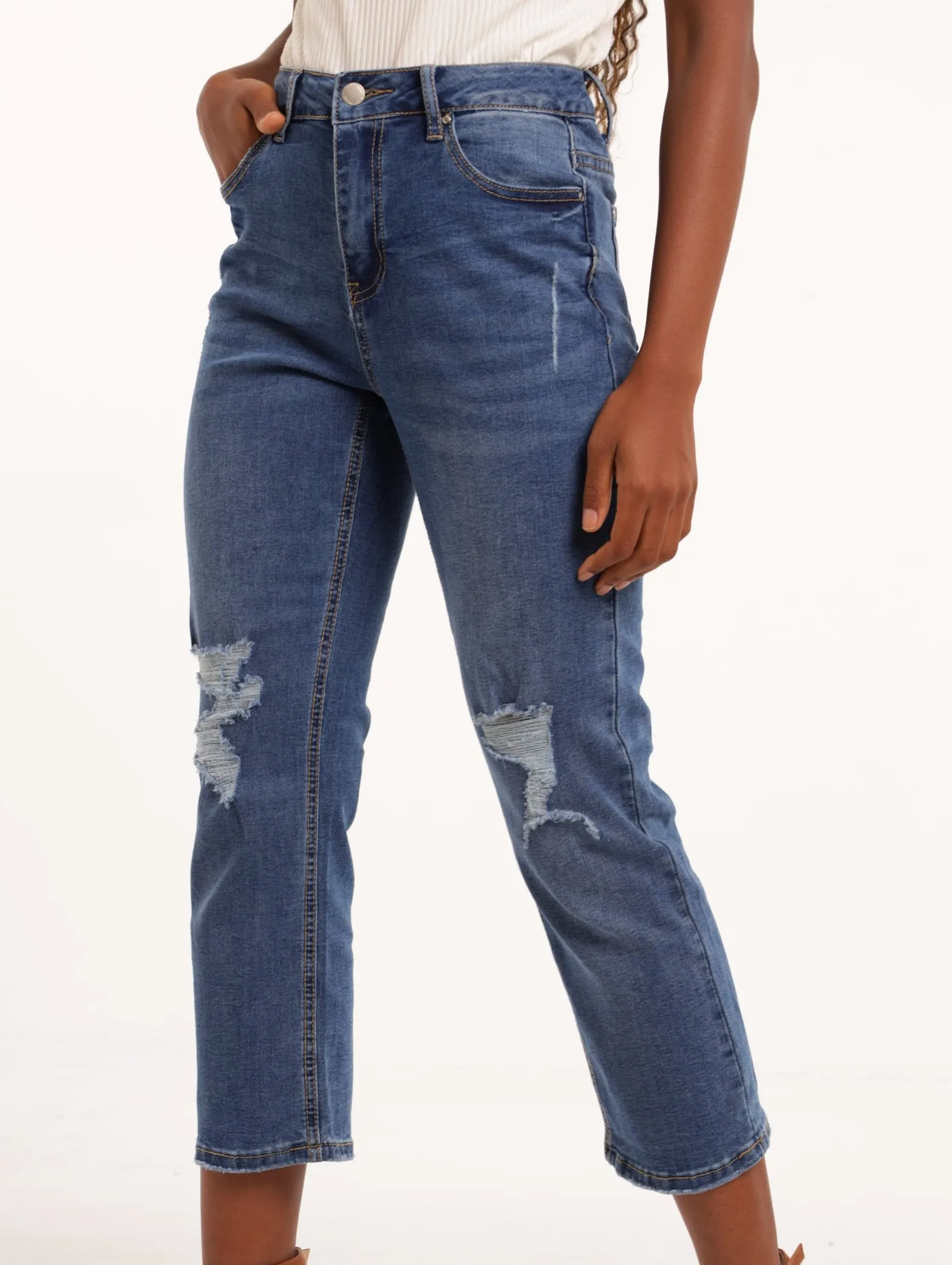 Ladies Mid Blue Abraised Straight Leg Denim Jean sold by Edgars