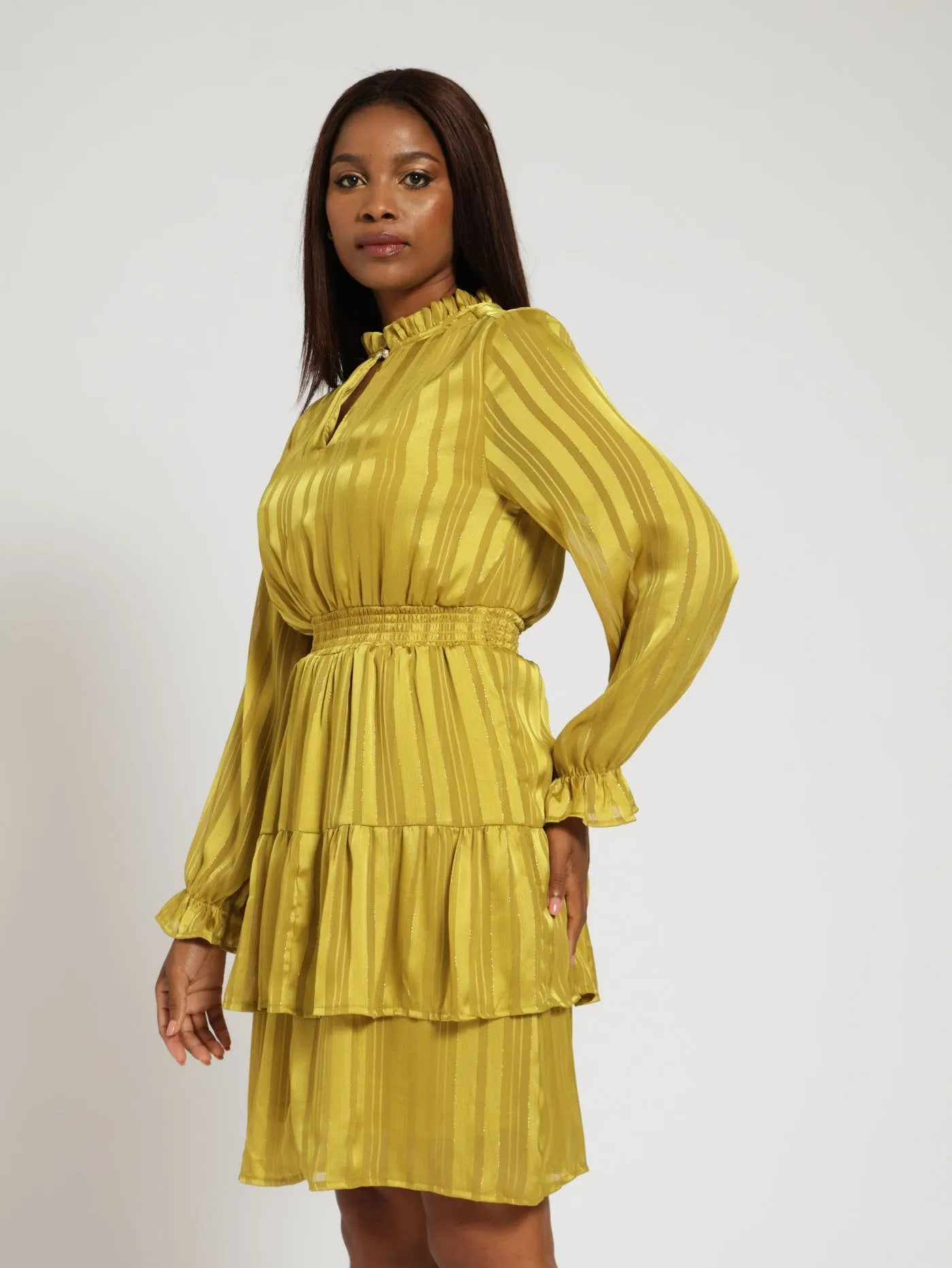 Hi-Neck Shirred Waisted Tiered Tea Dress - Mustard sold by Edgars product image thumbnail 2