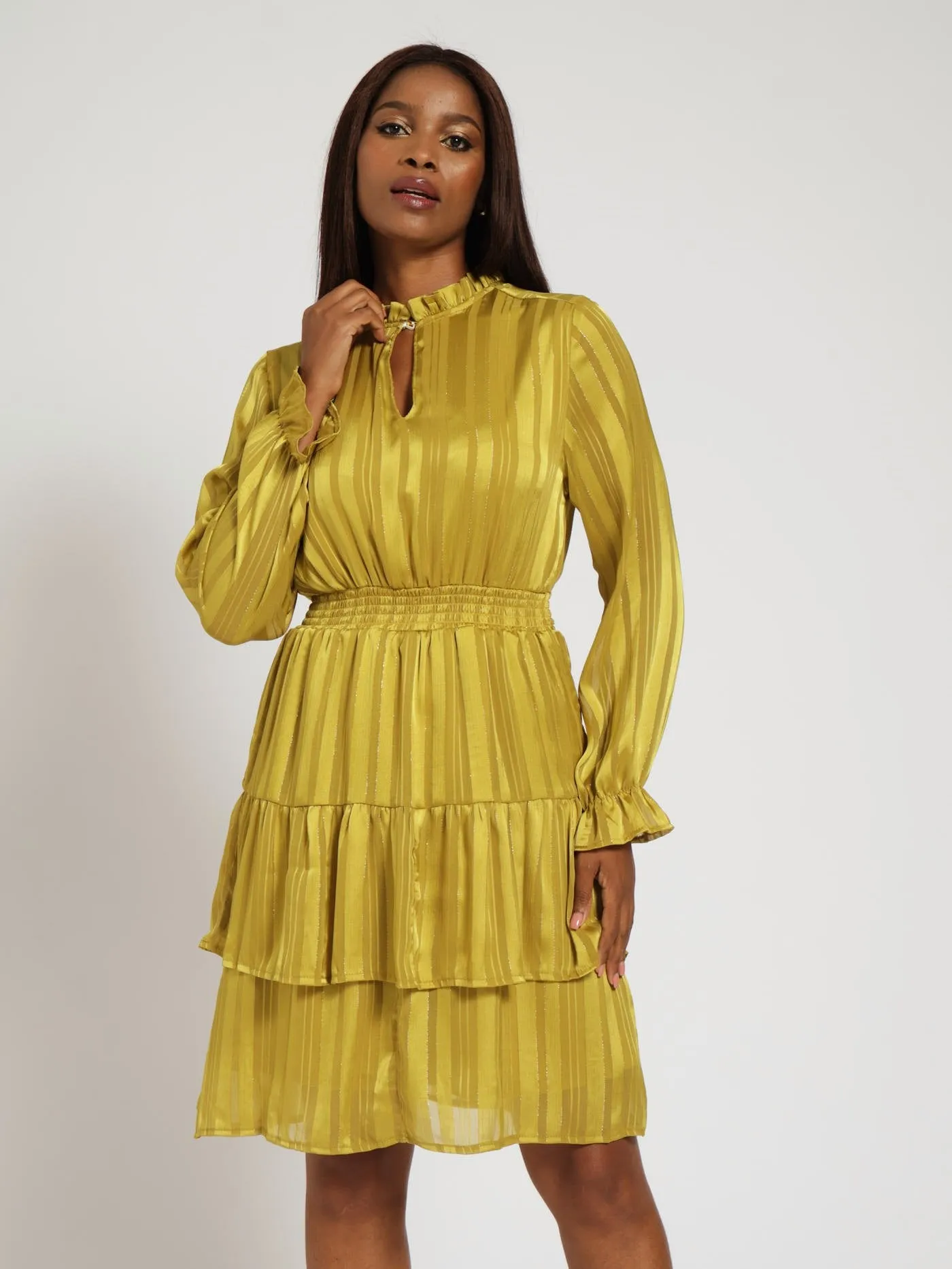 Hi-Neck Shirred Waisted Tiered Tea Dress - Mustard sold by Edgars