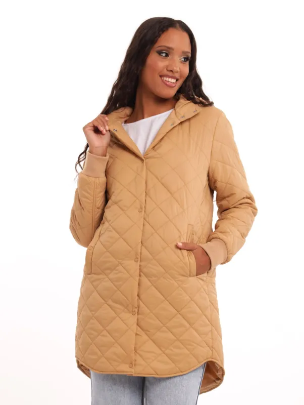 Ladies Longer Length Quilted Jacket - Tan sold by Edgars