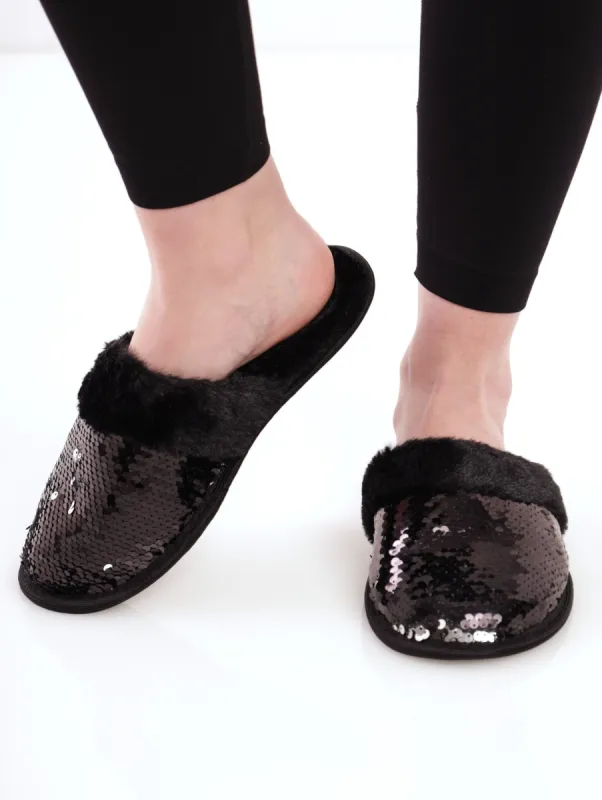 Ladies Sequin Closed Toe Fluffy Chunky Slipper - Black sold by Edgars