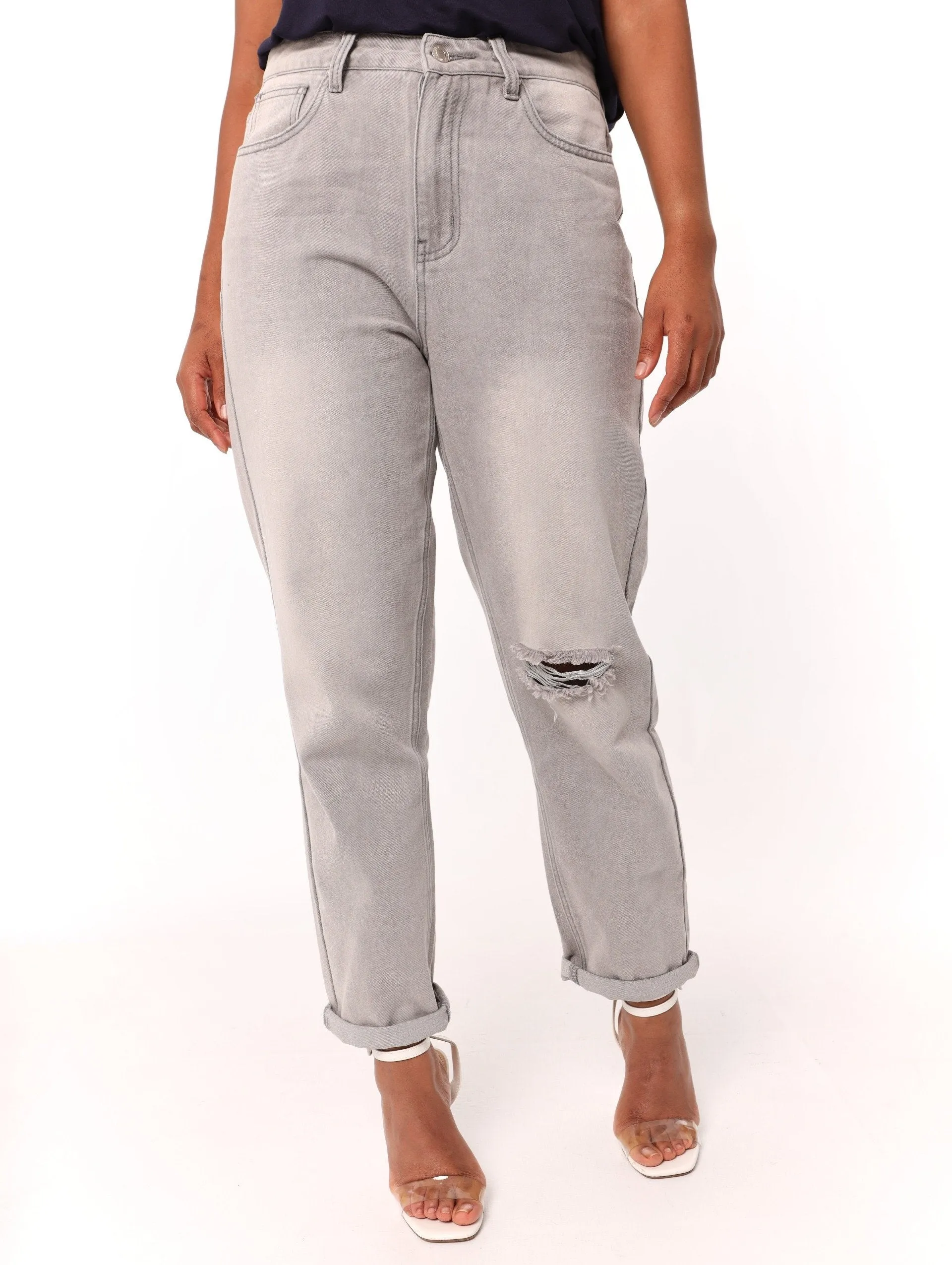 Ladies Grey Slash Knee Mom Jean sold by Edgars