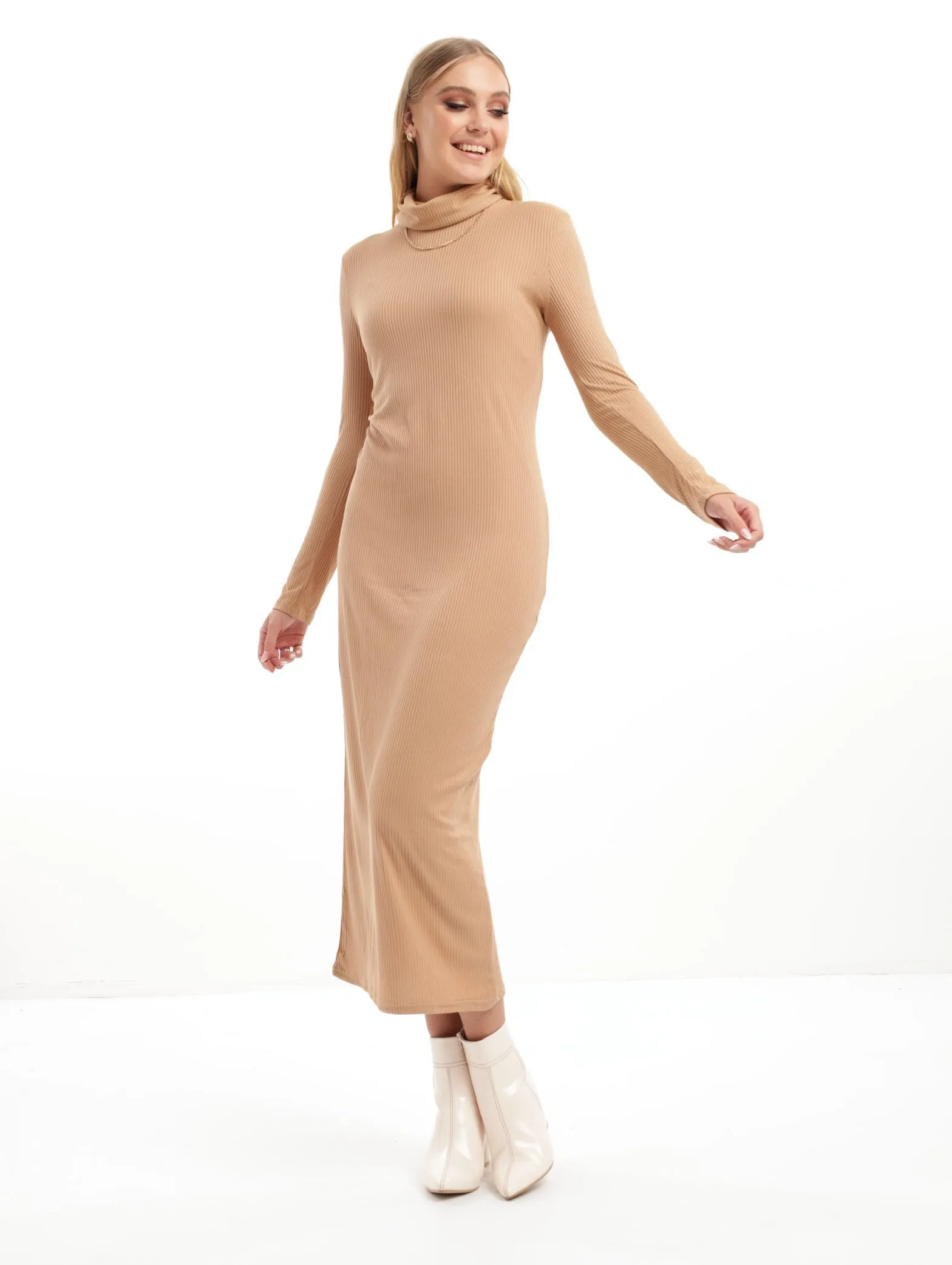 Ladies Roll Neck Ribbed Maxi Dress - Tan sold by Edgars