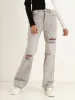 Ladies Grey Overspray Ripped Straight Leg Denim Jean sold by Edgars