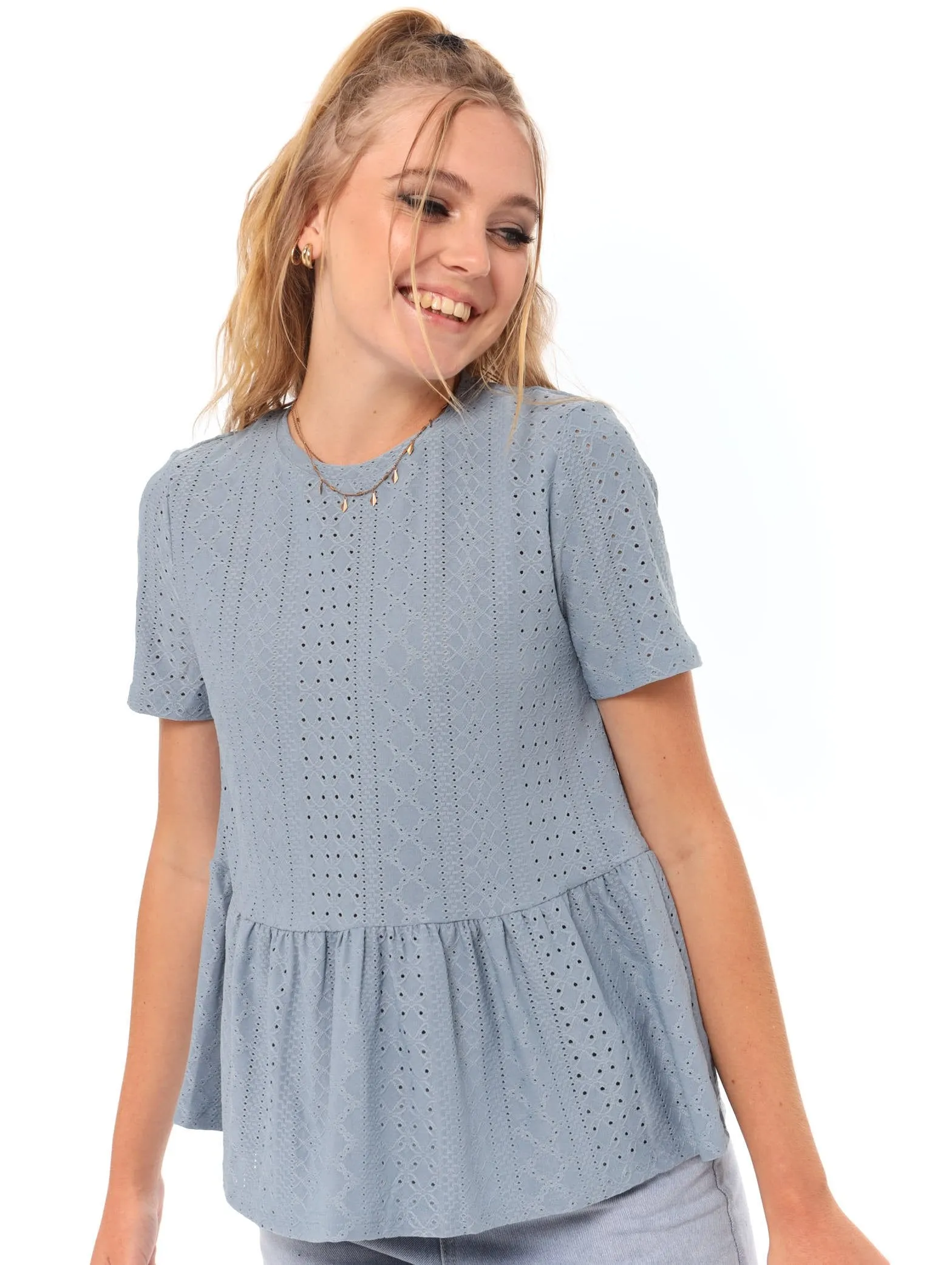 Ladies Knit Broiderie Peplum Tee - Blue sold by Edgars