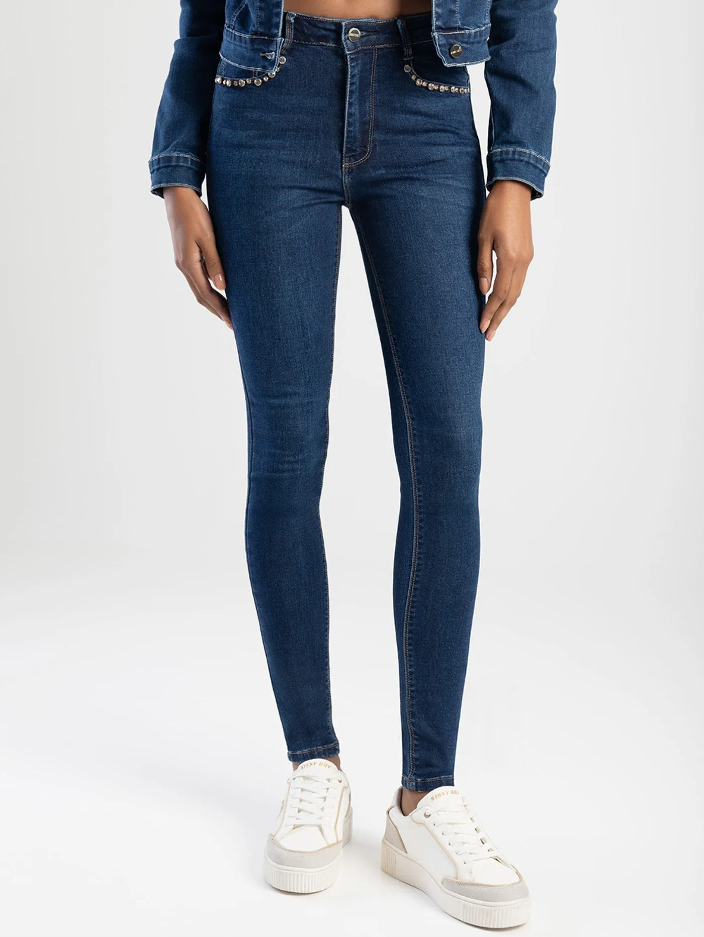 Axel Skinny Denim Jean With Yoke Wing Embroidery - Dark Blue sold by Edgars
