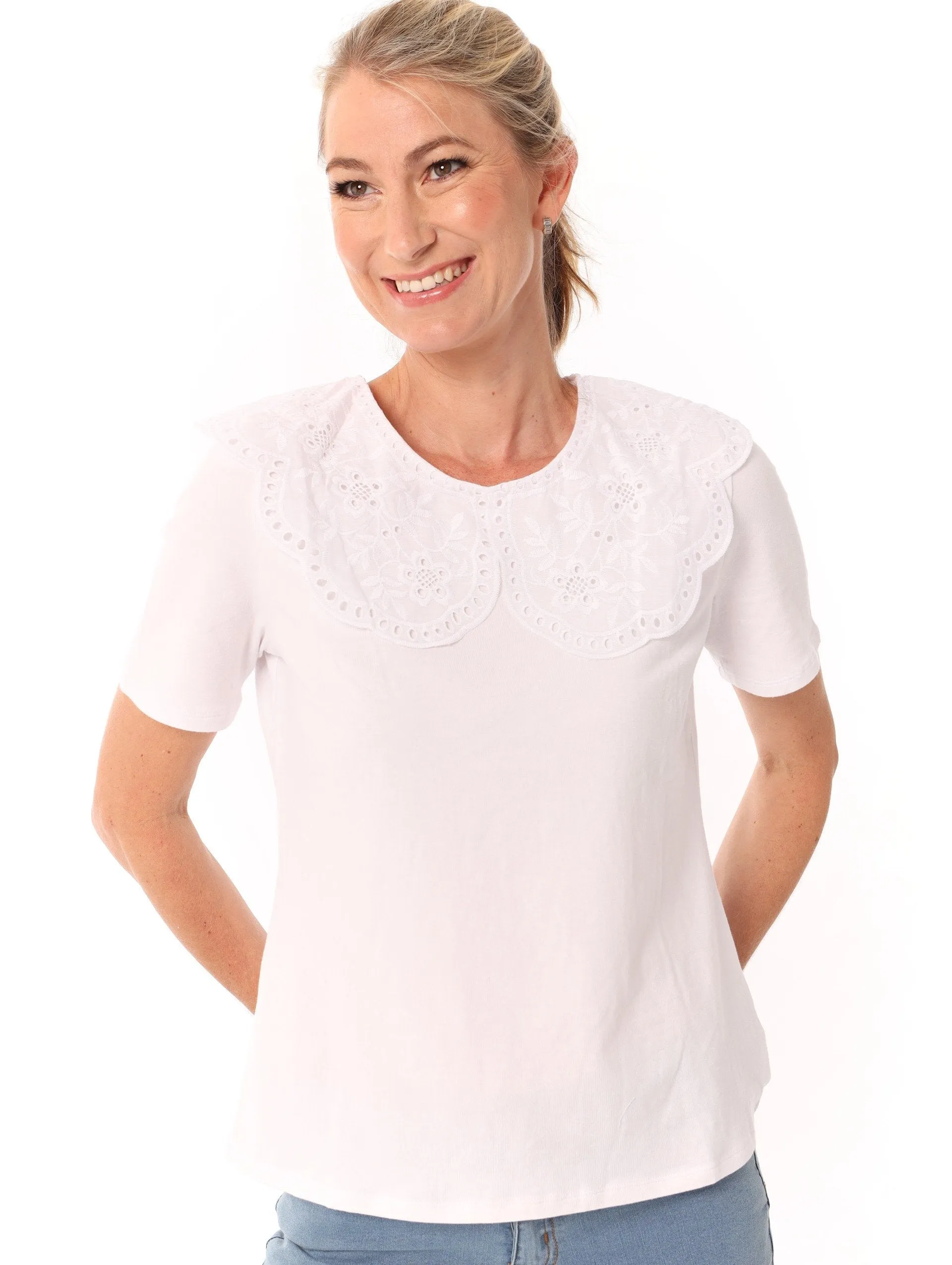 Ladies Collar Detail Knit Top - White sold by Edgars